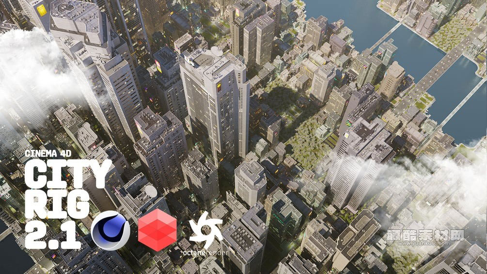 C4D城市建筑模型程序化生成器 C4d city Rig 2.1 含oc/rs/默认材质三个版本