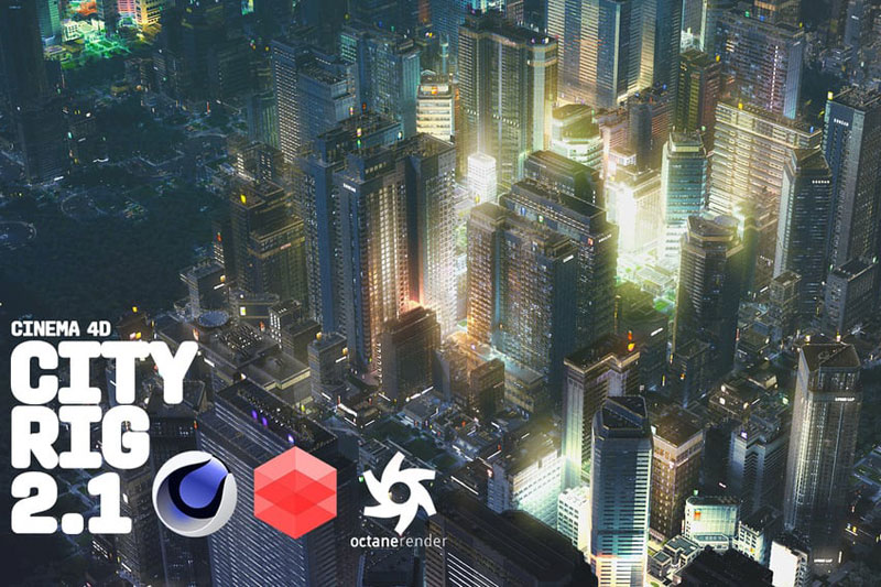 C4D城市建筑模型程序化生成器 C4d city Rig 2.1 含oc/rs/默认材质三个版本