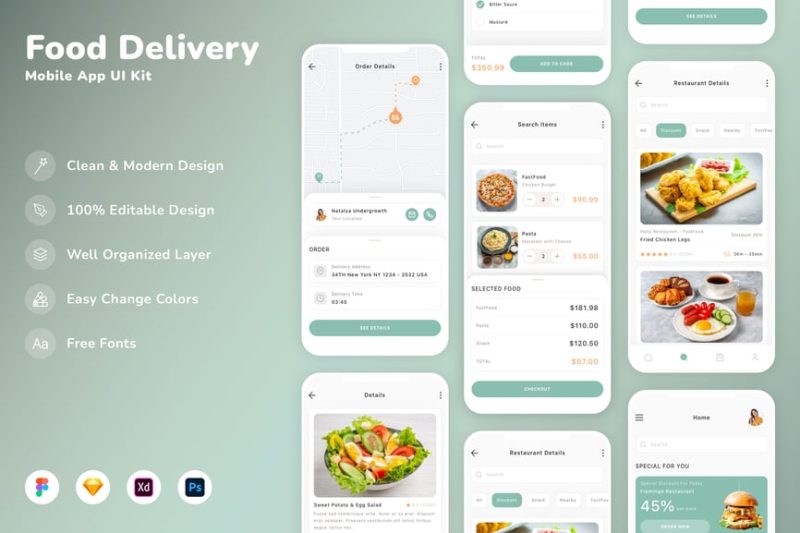食品配送移动应用APP UI KIT (SKETCH,FIG,XD,PSD) food-delivery-mobile-app-ui-kit