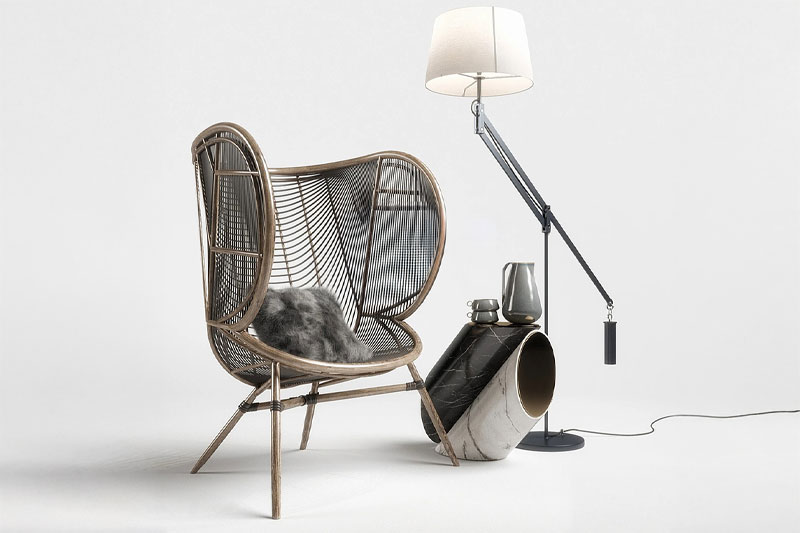 镂空椅子模型竹椅落地台灯3D模型(C4D,Blender,FBX)