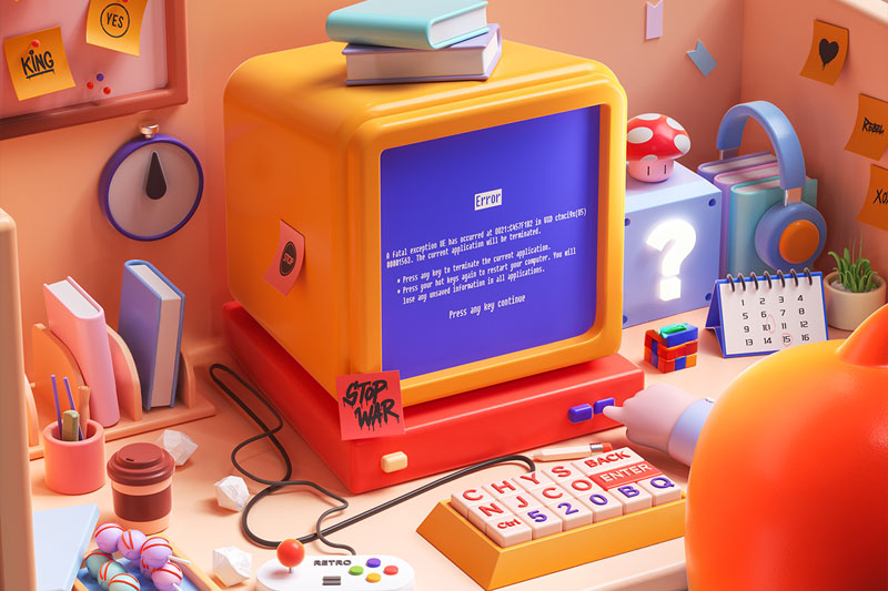 C4D卡通电脑桌面模型卡通场景OC渲染工程