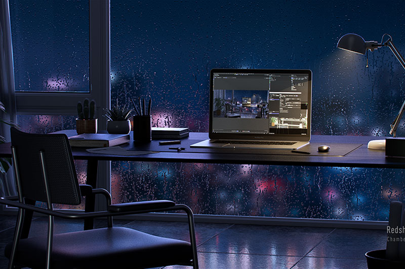 C4D落地窗雨滴夜晚场景模型书房书桌RS渲染工程