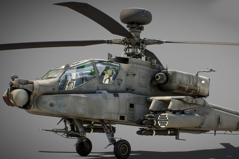 高精度AH-64D阿帕奇长弓武装直升机模型3D模型 (Blender/FBX格式) Ah-64D Apache Longbow Helicopter With Cockpit