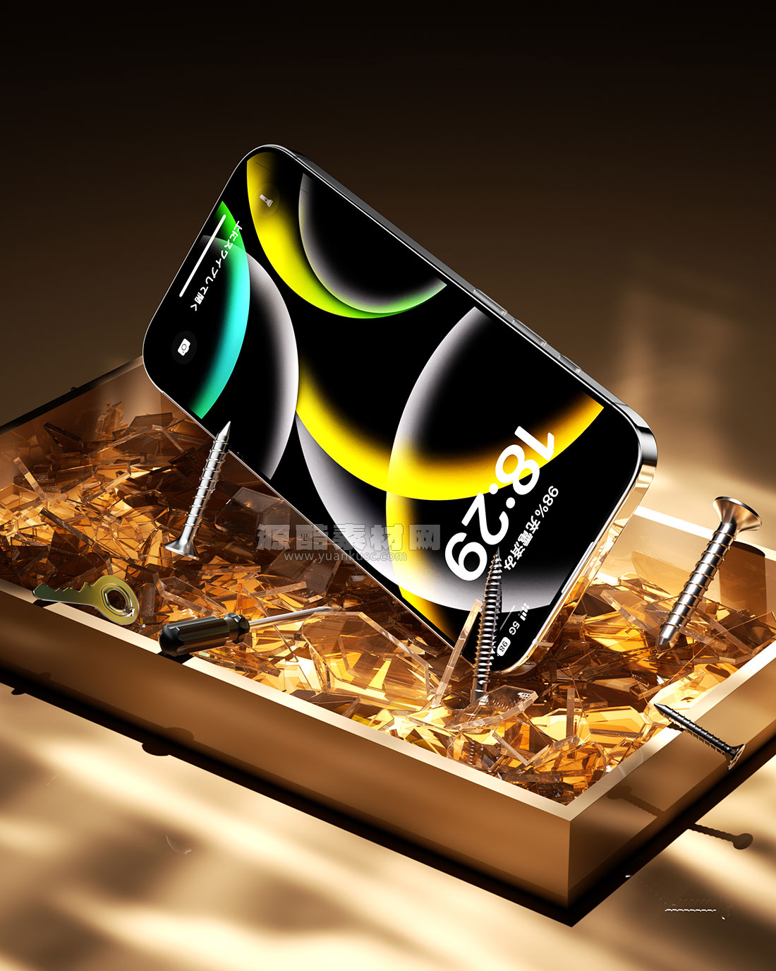 C4D手机螺丝钉玻璃渣场景OC渲染工程手机模型