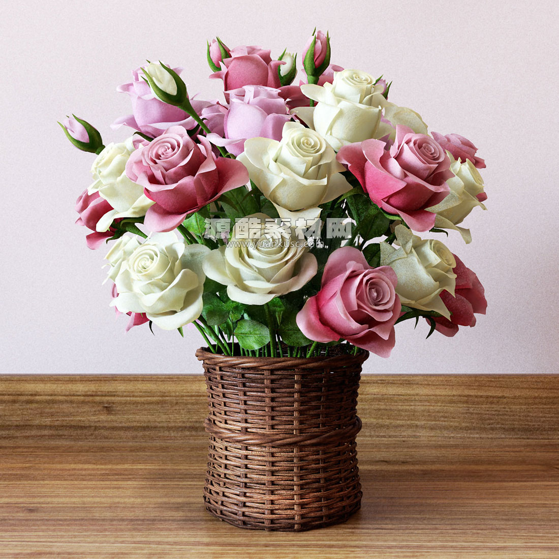 红白玫瑰花模型藤编花篮3D模型素材下载(C4D,Blender,FBX)