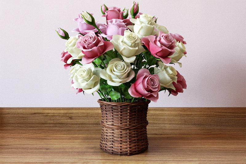 红白玫瑰花模型藤编花篮3D模型素材下载(C4D,Blender,FBX)