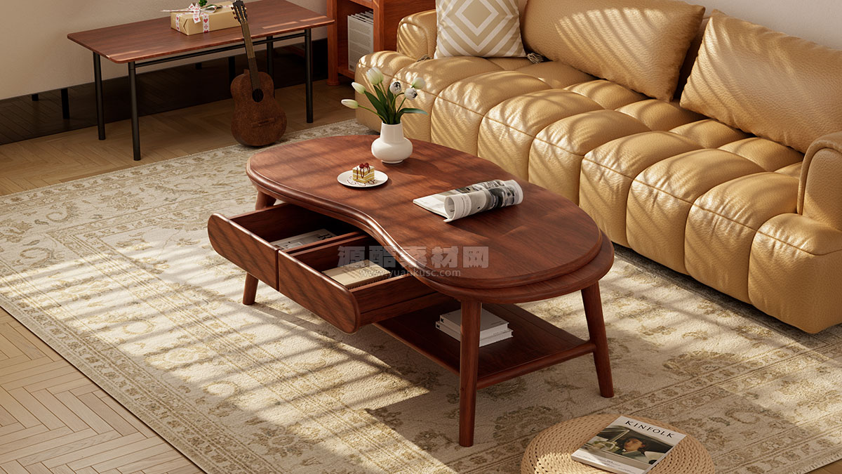 C4D室内客厅实木茶几沙发场景OC渲染工程沙发茶几桌子模型
