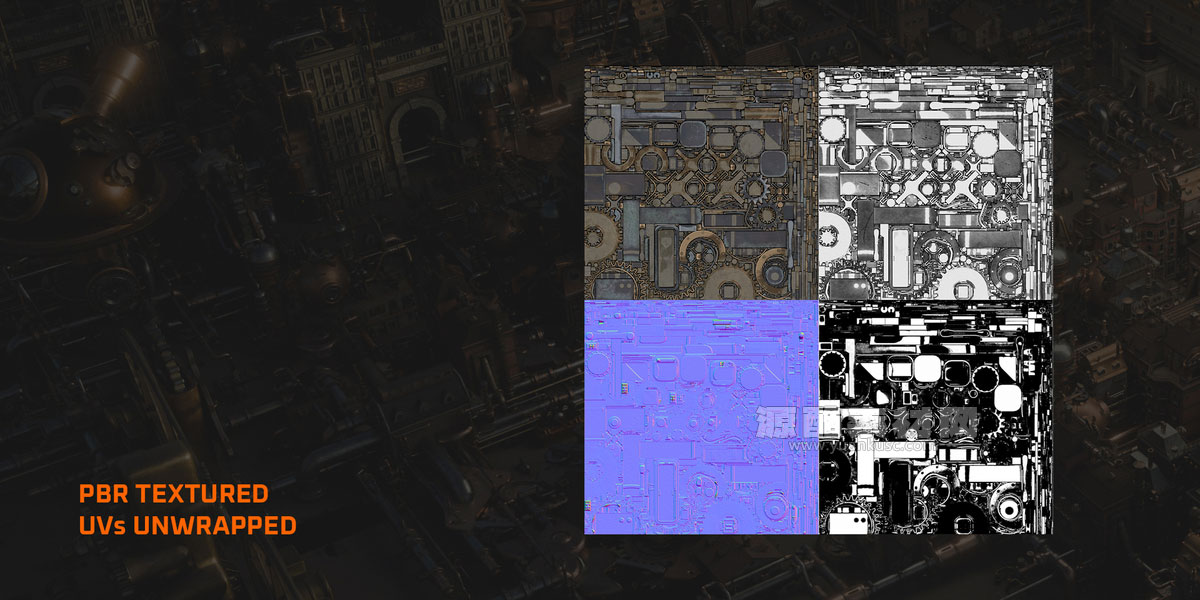 蒸汽朋克风格楼房建筑模型3D模型素材下载(Blender) Gears District – Steampunk Constructs Kitbash Buildings