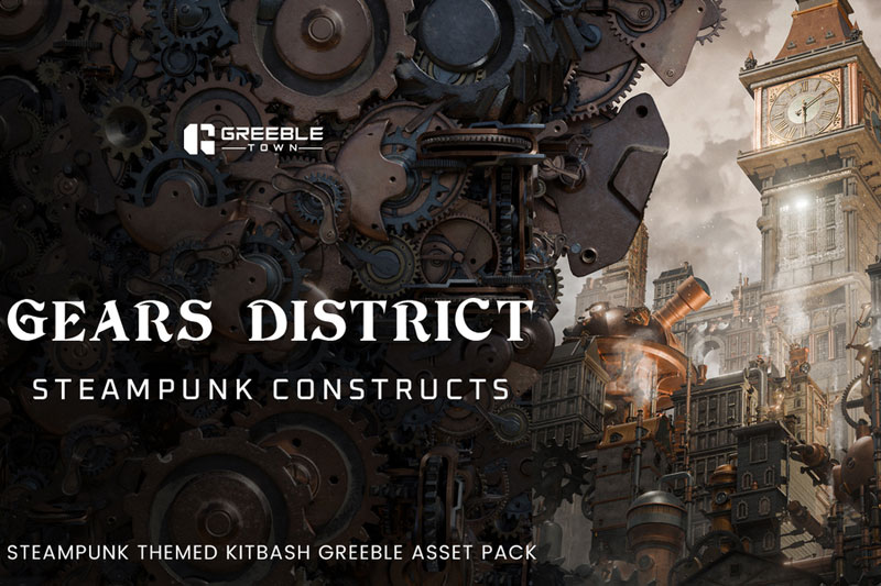 蒸汽朋克风格楼房建筑模型3D模型素材下载(Blender) Gears District – Steampunk Constructs Kitbash Buildings