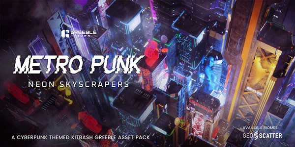 Blender未来科技风格赛博朋克霓虹城市摩天大楼建筑3D模型资产预设 Metropunk Neon Skyscrapers