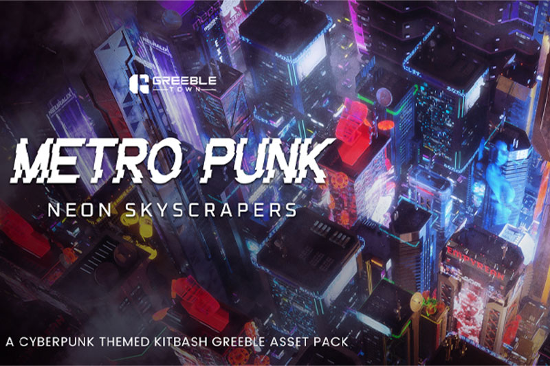 Blender未来科技风格赛博朋克霓虹城市摩天大楼建筑3D模型资产预设 Metropunk Neon Skyscrapers