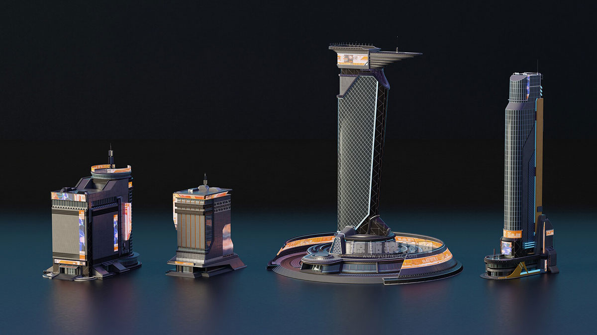 4款赛博朋克风格建筑模型3D模型素材(Blender)Cyberpunk Buildings – Part 01 – Game Ready Assets