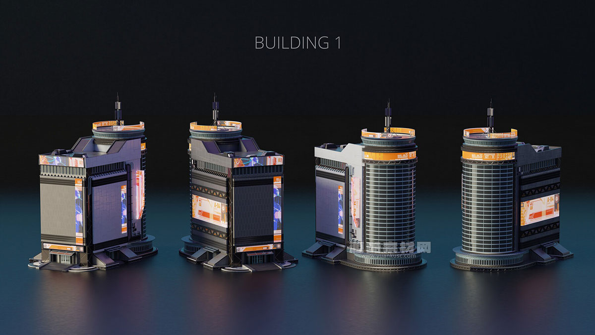 4款赛博朋克风格建筑模型3D模型素材(Blender)Cyberpunk Buildings – Part 01 – Game Ready Assets