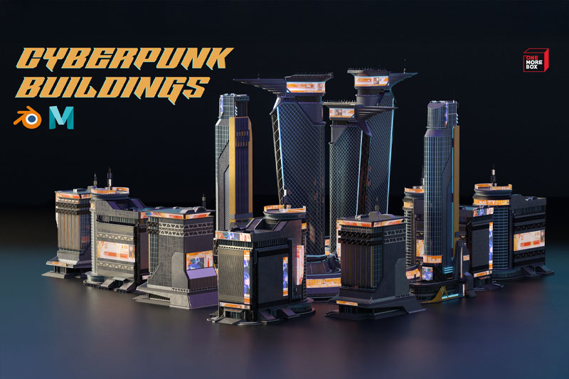 4款赛博朋克风格建筑模型3D模型素材(Blender)Cyberpunk Buildings – Part 01 – Game Ready Assets