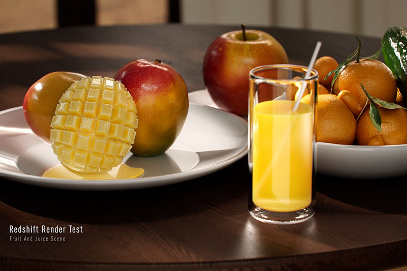 C4D橙汁芒果苹果橘子桌面场景RS渲染工程水果模型