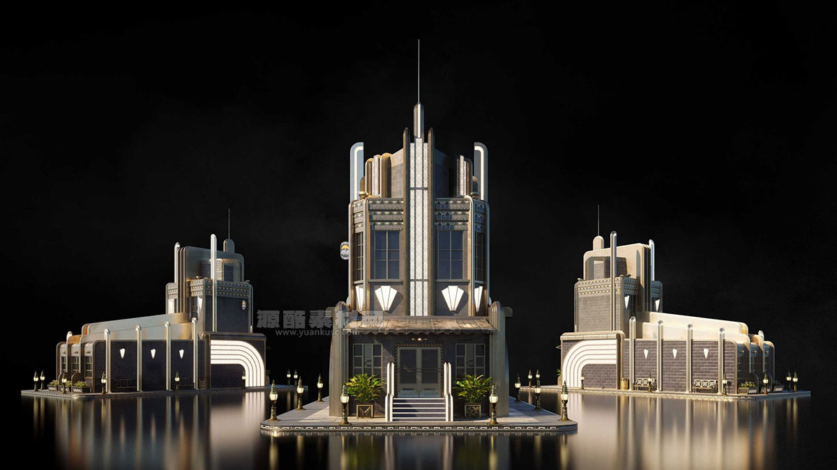 复古黑影未来主义城市建筑3D模型素材(Blender) KitBash3D – Noir Futurism