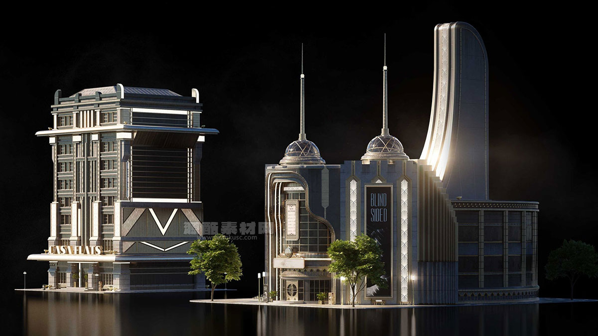 复古黑影未来主义城市建筑3D模型素材(Blender) KitBash3D – Noir Futurism