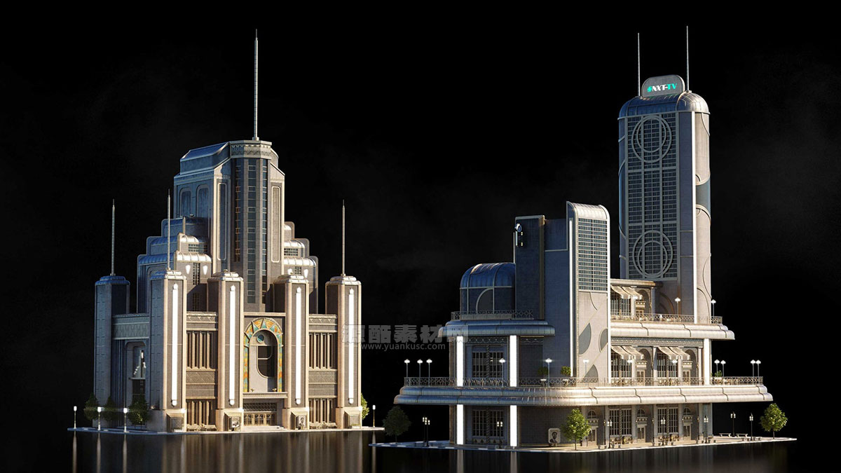 复古黑影未来主义城市建筑3D模型素材(Blender) KitBash3D – Noir Futurism