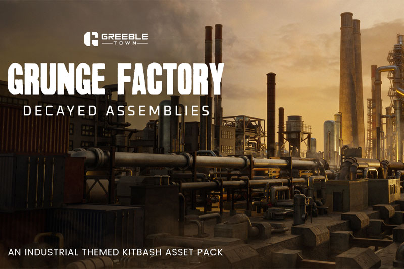 Blender重工业工厂管道油罐与反应堆3D模型资产预设 Grunge Factory Decayed Assemblies – Industrial Kitbash Greeble Assets