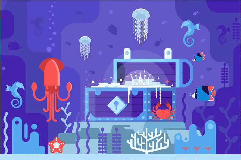 海底世界金箱宝藏矢量插画素材