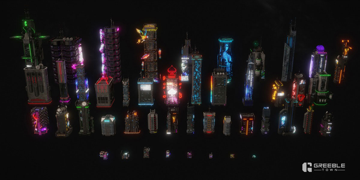 Blender未来科技风格赛博朋克霓虹城市摩天大楼建筑3D模型资产预设 Metropunk Neon Skyscrapers