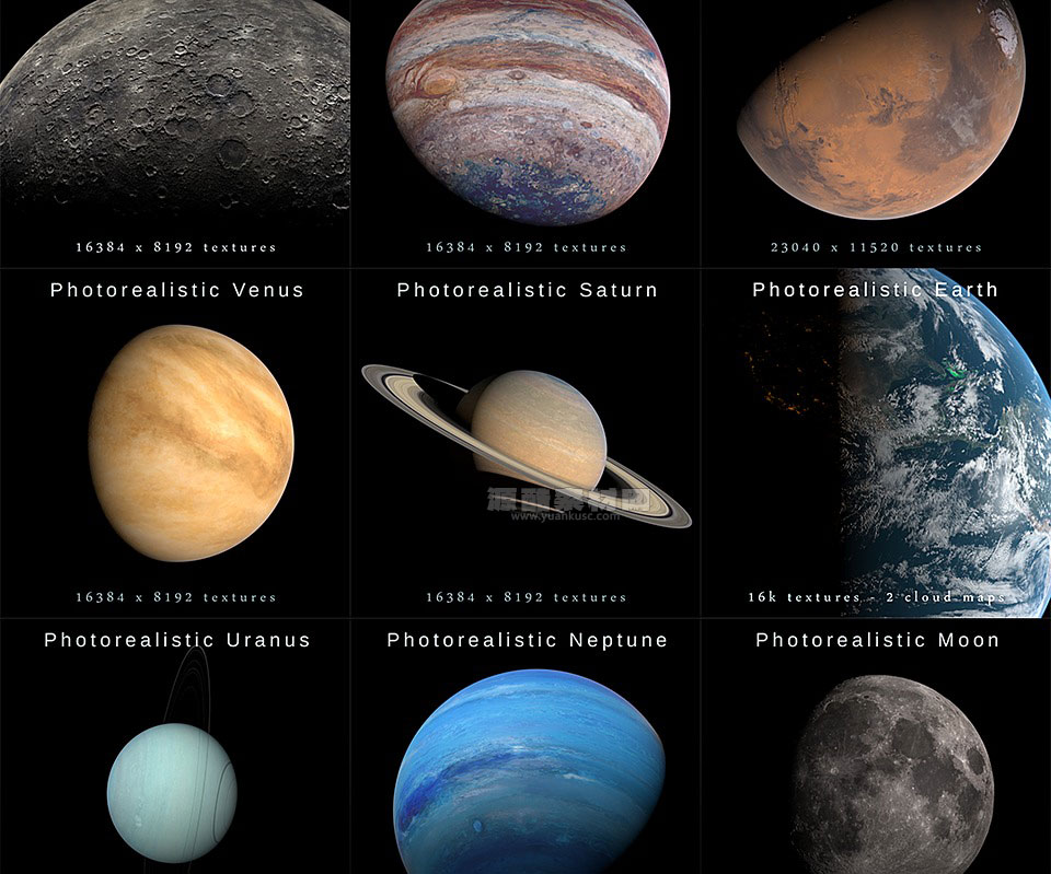 太阳系地球太阳月球火星水星等八大行星3D模型素材资产(Blender/MAX/FBX/OBJ) Photorealistic Solar System