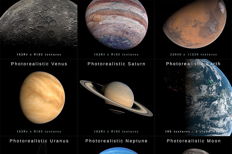 太阳系地球太阳月球火星水星等八大行星3D模型素材资产(Blender/MAX/FBX/OBJ) Photorealistic Solar System