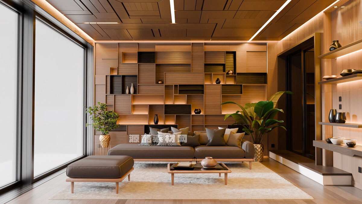 现代抽象风格木质室内客厅场景3D模型素材(Blender) Modern Abstract Wooden Living Room