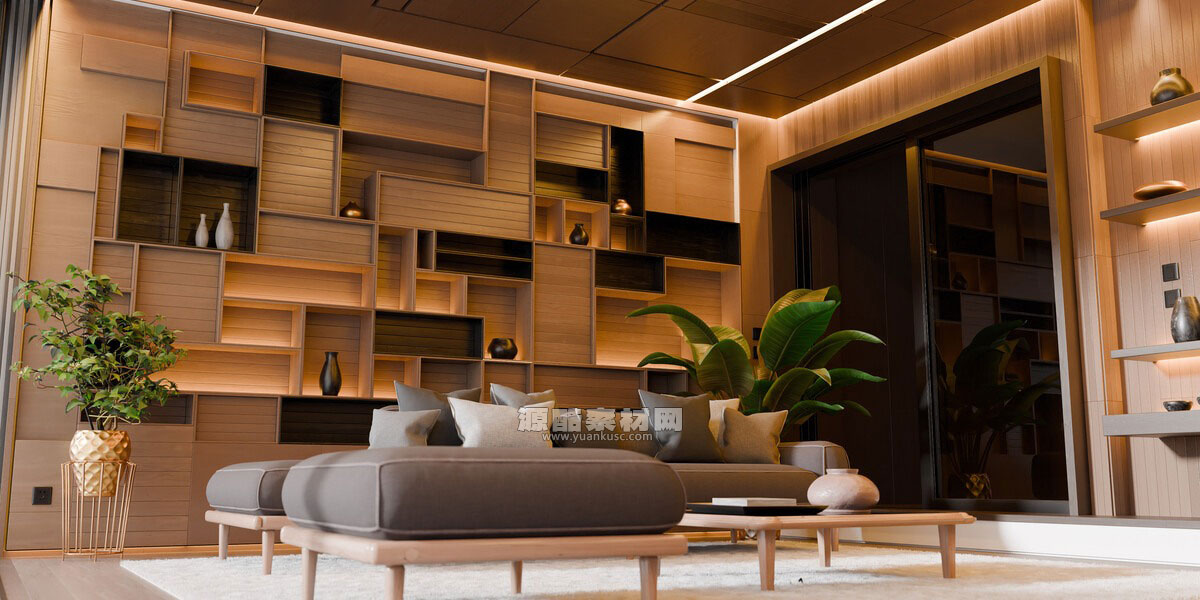 现代抽象风格木质室内客厅场景3D模型素材(Blender) Modern Abstract Wooden Living Room
