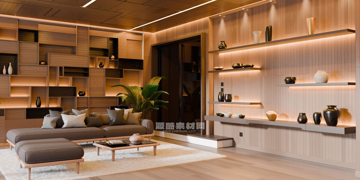 现代抽象风格木质室内客厅场景3D模型素材(Blender) Modern Abstract Wooden Living Room