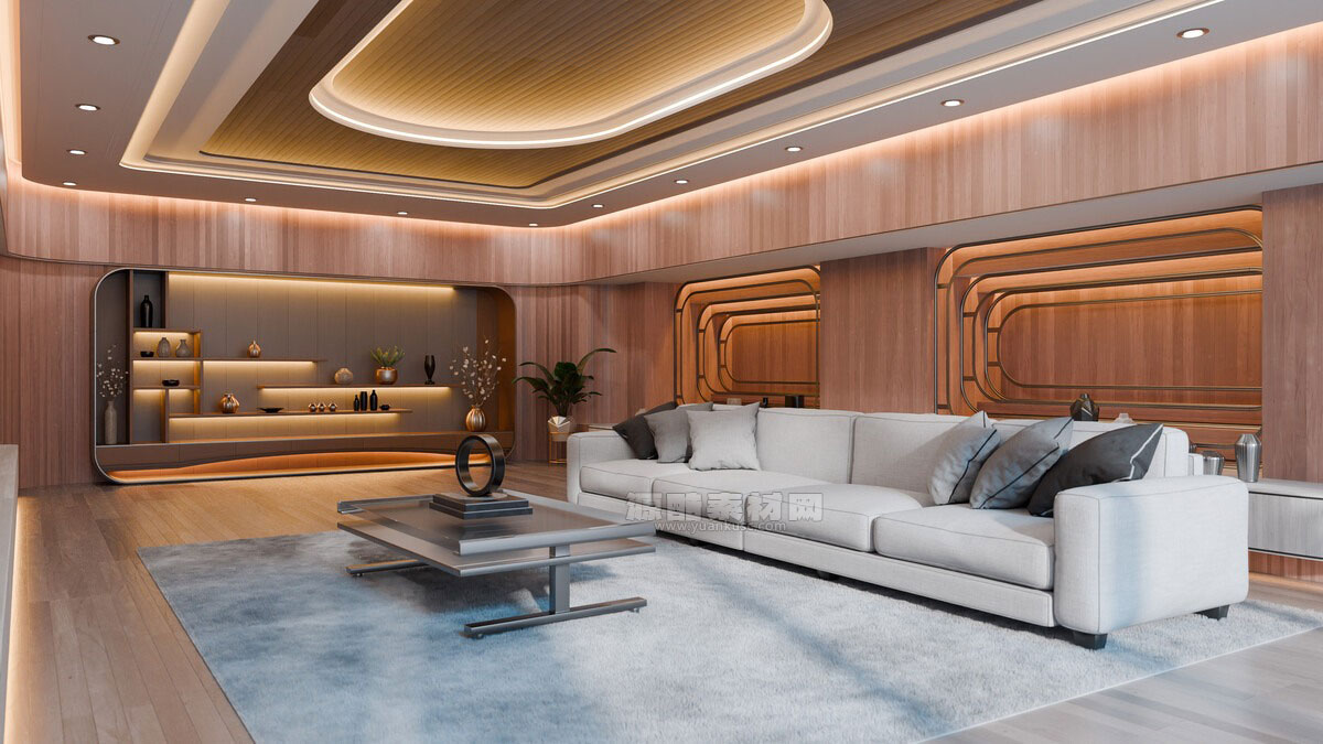 现代弯曲木质室内客厅3D模型素材下载(Blender) Modern Curved Wooden Living Room