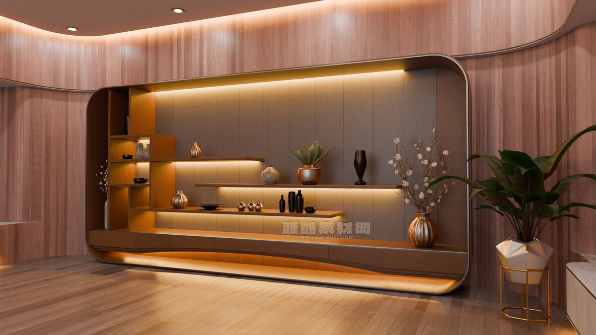 现代弯曲木质室内客厅3D模型素材下载(Blender) Modern Curved Wooden Living Room