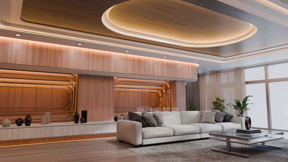 现代弯曲木质室内客厅3D模型素材下载(Blender) Modern Curved Wooden Living Room