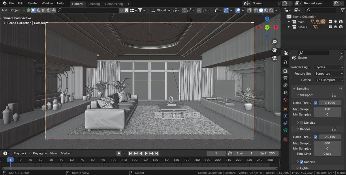 现代弯曲木质室内客厅3D模型素材下载(Blender) Modern Curved Wooden Living Room