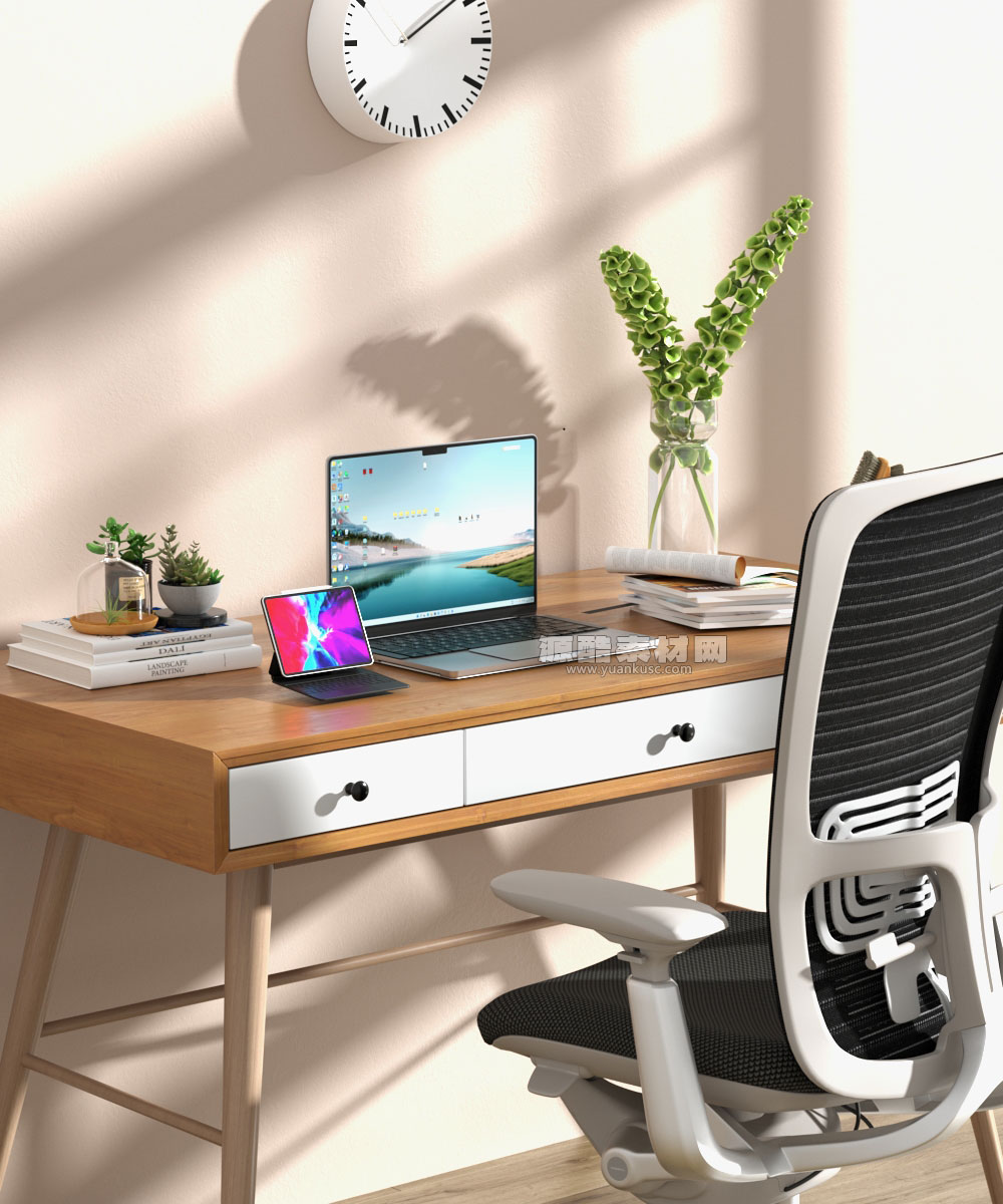 C4D笔记本电脑桌场景OC渲染工程椅子笔记本电脑3D模型素材
