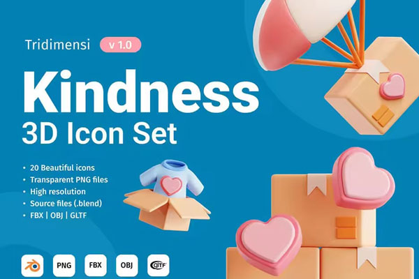 爱心善良图标3D模型素材集(Blender,FBX,OBJ,PNG) 3D Kindness