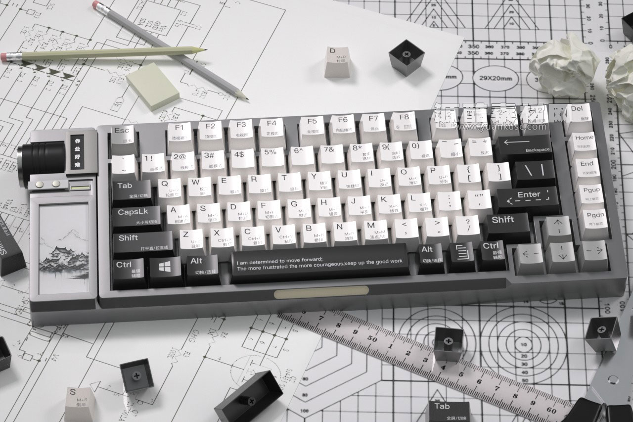 C4D机械键盘桌面场景OC渲染工程机械键盘模型素材