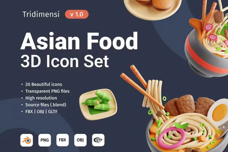 亚洲美食食品3D模型素材(Blender,FBX,OBJ,PNG) 3D Asian Food