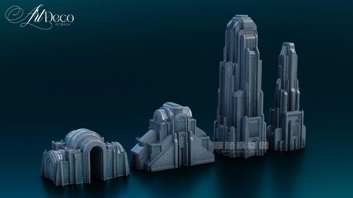 35套未来复古风格的城市建筑3D模型素材(Blender,FBX,OBJ) Art Deco – City Kitbash