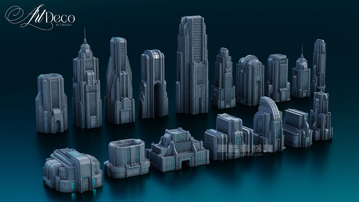 35套未来复古风格的城市建筑3D模型素材(Blender,FBX,OBJ) Art Deco – City Kitbash
