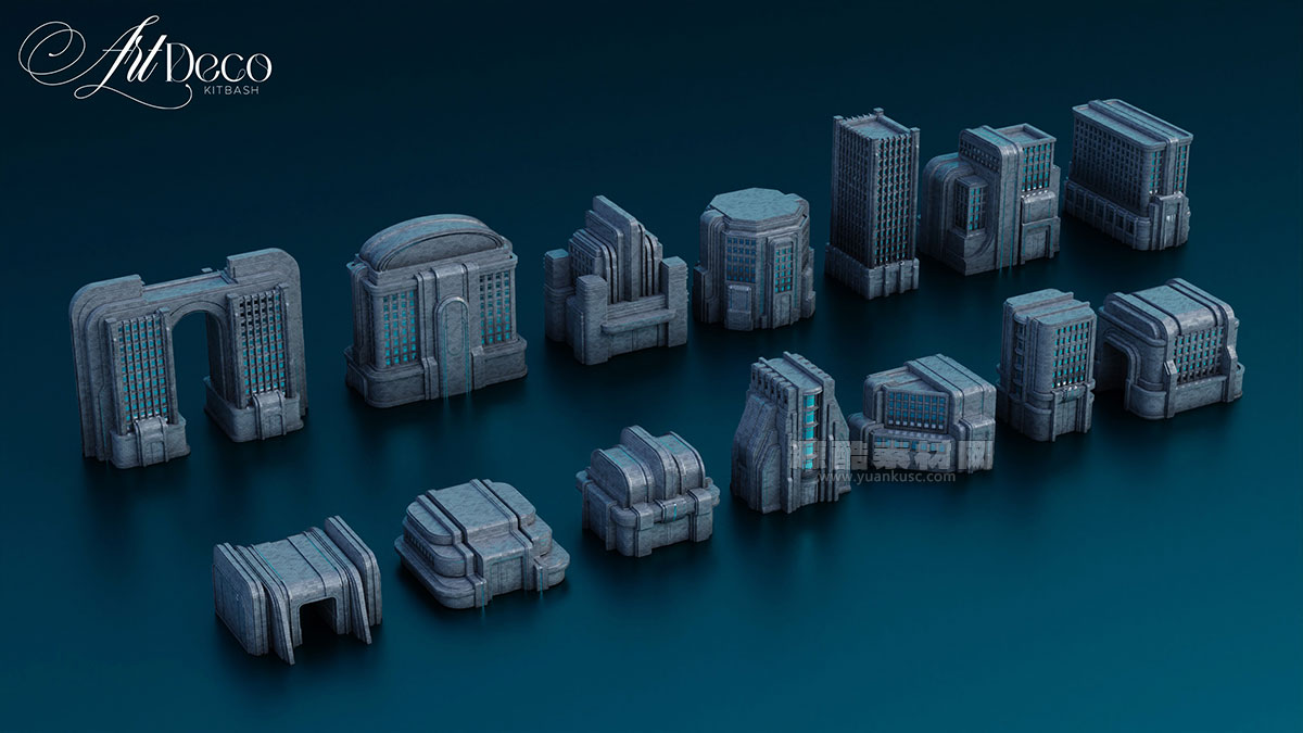 35套未来复古风格的城市建筑3D模型素材(Blender,FBX,OBJ) Art Deco – City Kitbash