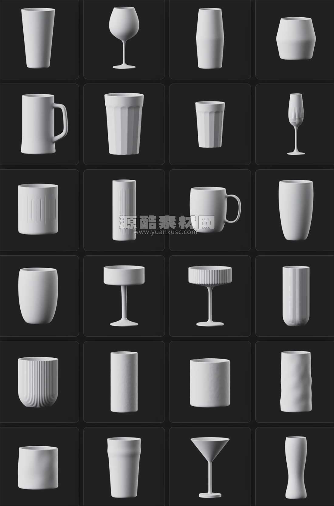 40个GSG灰猩猩酒杯水杯玻璃杯器皿等3D模型素材(FBX通用格式)