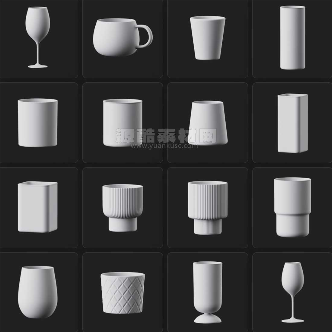 40个GSG灰猩猩酒杯水杯玻璃杯器皿等3D模型素材(FBX通用格式)