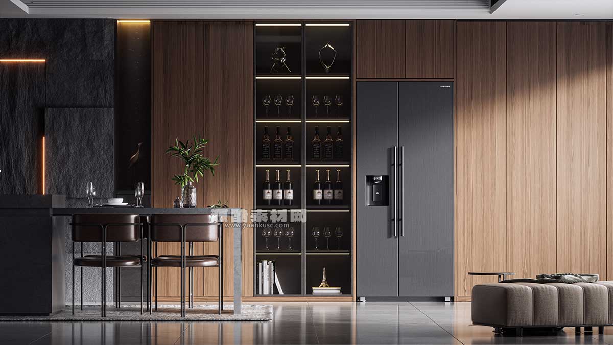 C4D酒柜双开门冰箱餐厅室内场景OC渲染工程酒柜冰箱模型素材