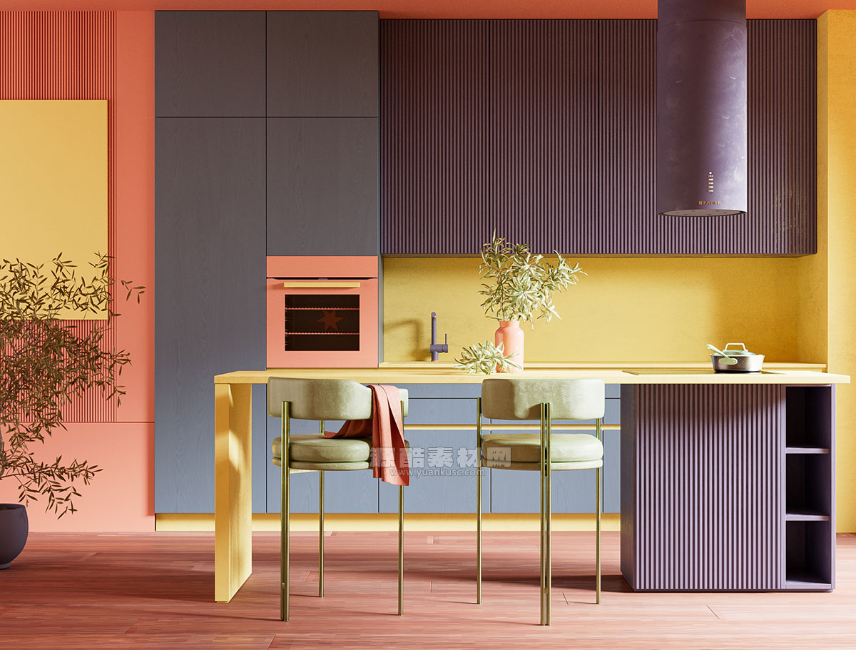 C4D室内开放式厨房吧台场景RS渲染工程厨房吧台C4D模型素材