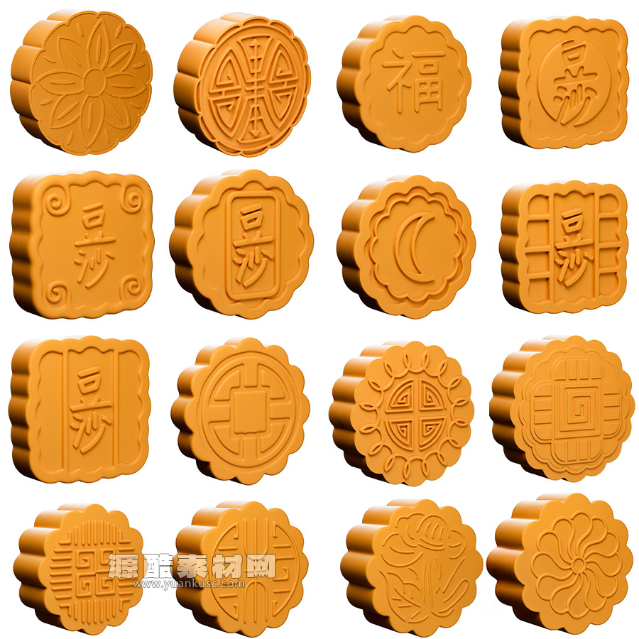 16个中秋月饼模型食物3D模型素材(C4D,FBX)
