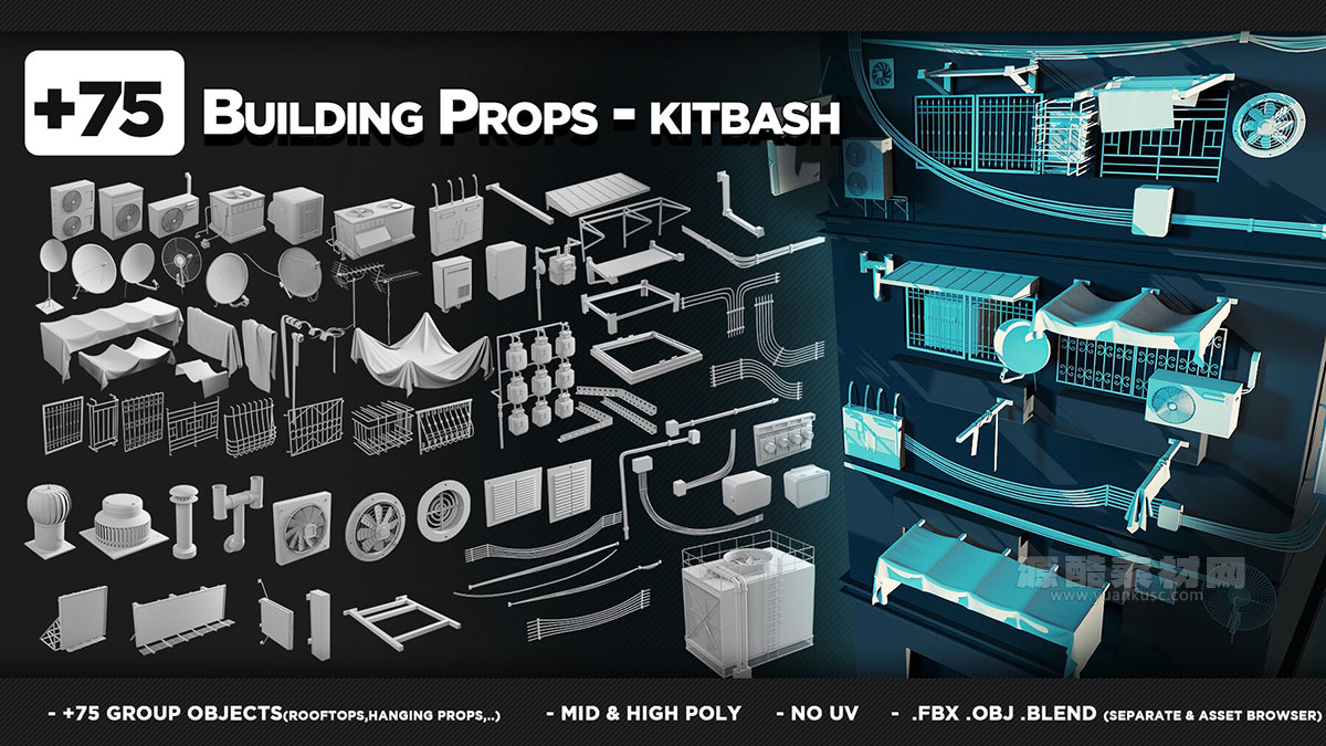 75+个建筑细节3D模型资产包(Blender) Building Props – KITBASH – VOL 06