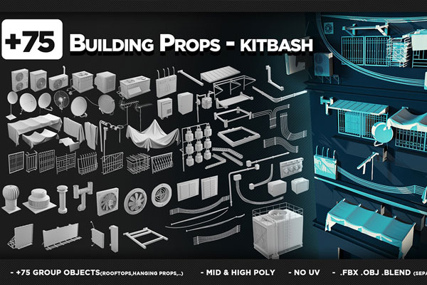 75+个建筑细节3D模型资产包(Blender) Building Props – KITBASH – VOL 06
