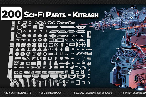 200个高质量的科幻机械零件3D模型资产下载(Blender) Sci-Fi Parts – KITBASH – VOL 05