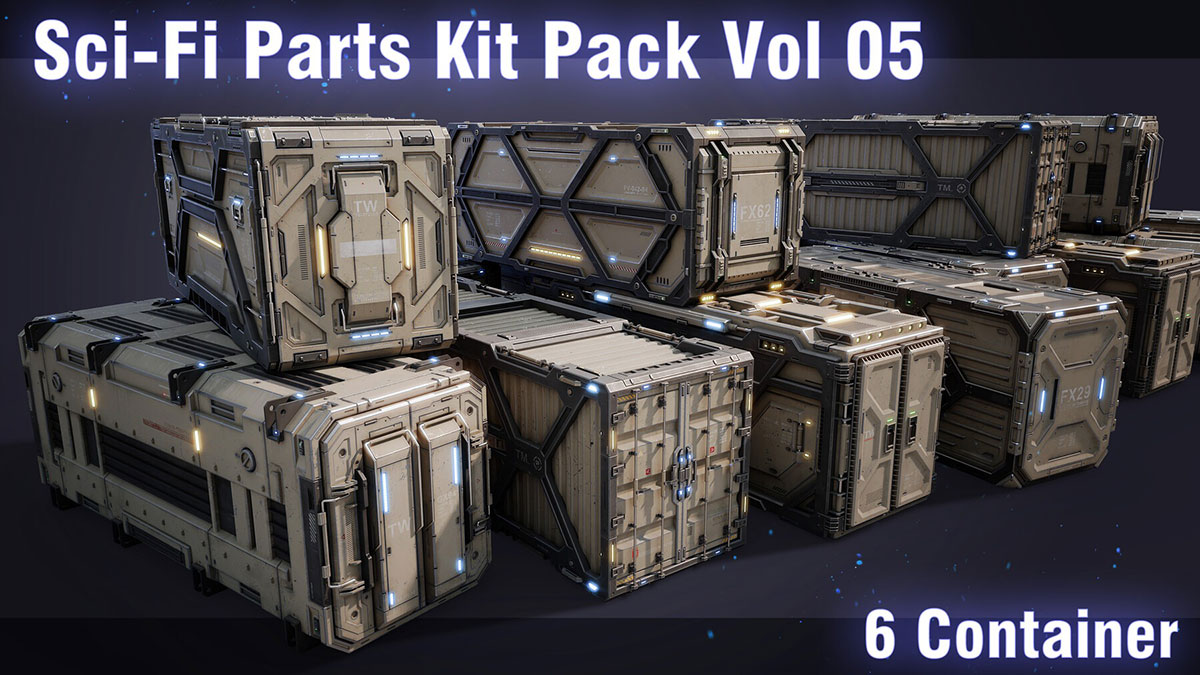6个高质量的科幻风格集装箱3D模型(Blender) Sci-Fi Parts Kit Pack Vol 05 Container-PBR